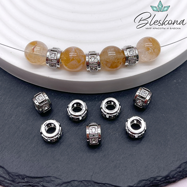 8*6 мм, цвет серебро, Бусина - разделитель цирконы 