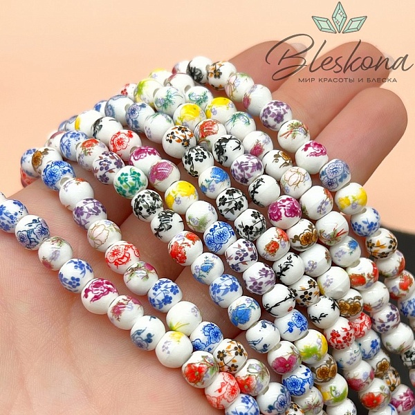 6 мм Керамика Бусина роспись гжель №16