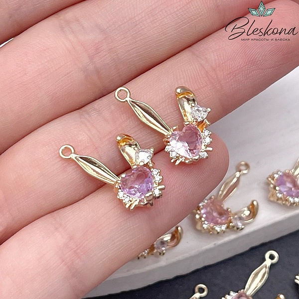 15,8*19,5мм Цвет золото, Подвеска Ушки зайца розовый циркон 