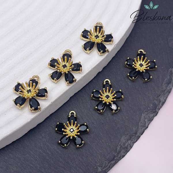 14мм, Цвет золото, Подвеска цветок  черный циркон