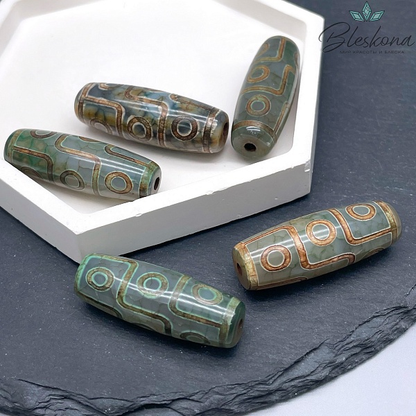 Бусина Дзи 9 глаз зеленый бочонок 40*14 мм