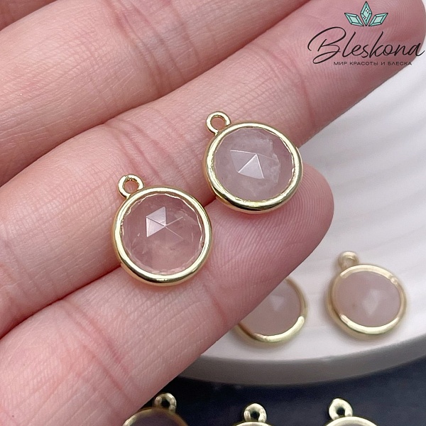 11,5мм, цвет золото ,Подвеска круг мини Розовый кварц огранка