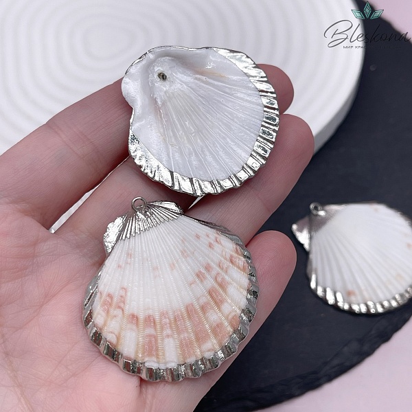 (36-40)*(35-37)мм, Цвет серебро, Подвеска Тихоокеанский ситцевый гребешок бежево-коричневый