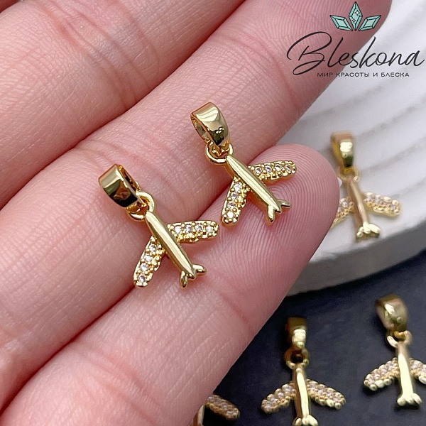11,5*11 мм, Цвет золото, Подвеска Самолет цирконы