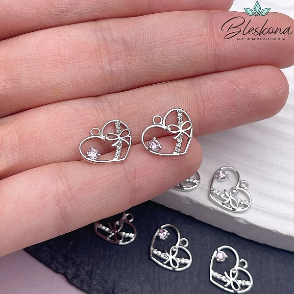 12*13,5мм Цвет серебро, Подвеска сердце бантик цирконы