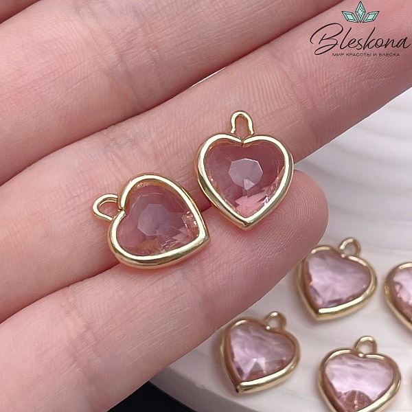 12 мм, Цвет золото, Подвеска сердце стекло розовое
