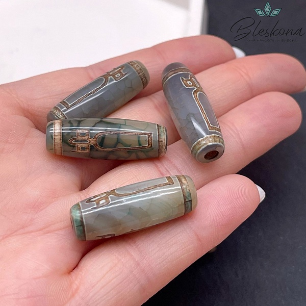 Бусина Дзи Кубера зелено-коричневый бочонок 30*11 мм