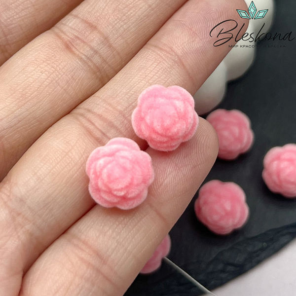 12мм Бархатная бусина Цветок - Роза, Цвет ярко-розовый