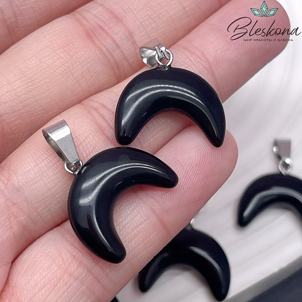 19*16,5 мм Цвет серебро, Подвеска лунница Обсидиан