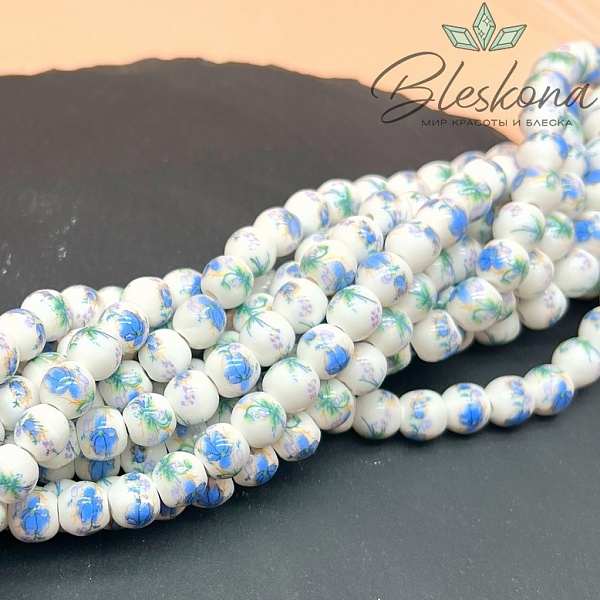 8 мм Керамика Бусина роспись гжель №9