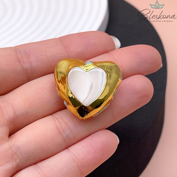 25*27 мм Цвет золото, Бусина  Сердце Перламутр инкрустированное аквамарином