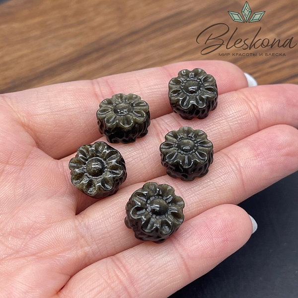 Резная бусина Цветок Обсидиан золотистый 14 мм