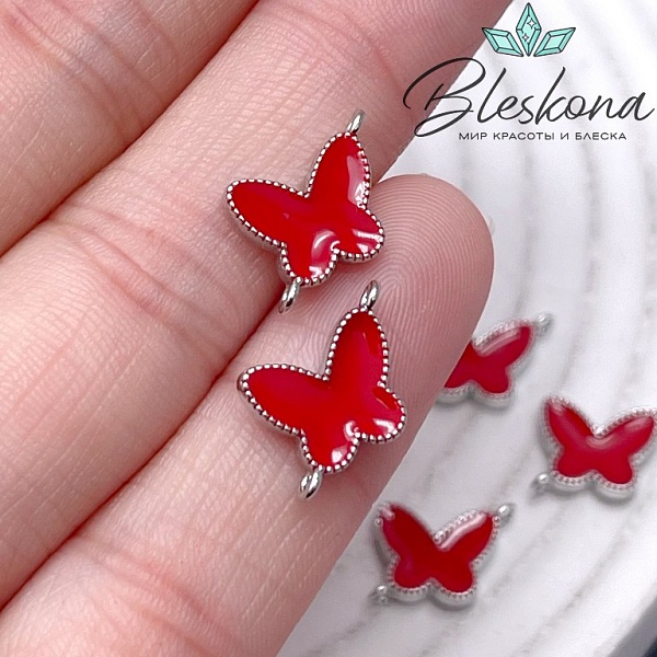Коннектор бабочка красная эмаль, цвет серебро 10,3*10,8мм 