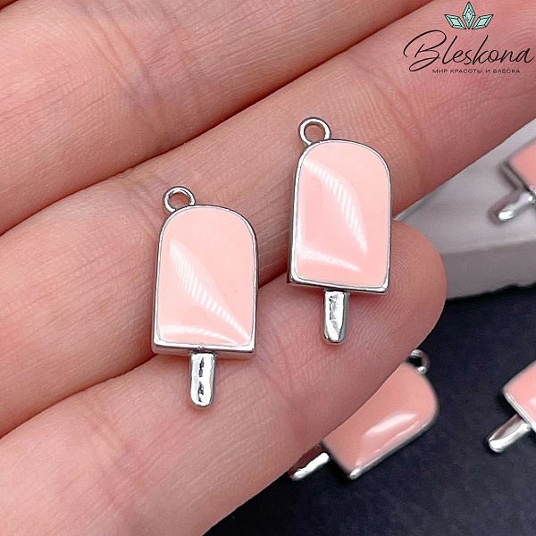 20*8,7мм Цвет серебро, Подвеска Мороженое розовая эмаль