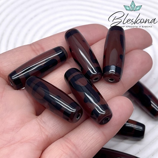 Бусина Дзи Кубера черно-коричневый бочонок 30*11 мм