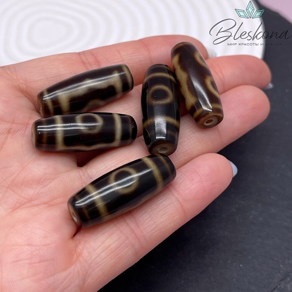 Бусина Дзи 3 глаза черно-коричневый бочонок 28*12 мм №1