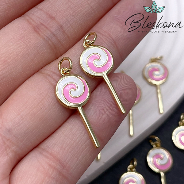 25*10 мм Цвет золото, Подвеска леденец розово-белая эмаль