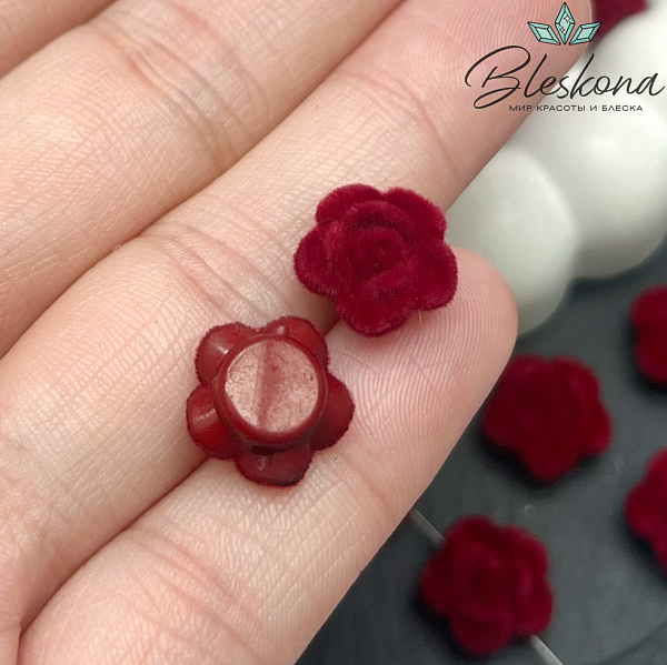 12мм Бархатная бусина Цветок - Роза, Цвет бордо