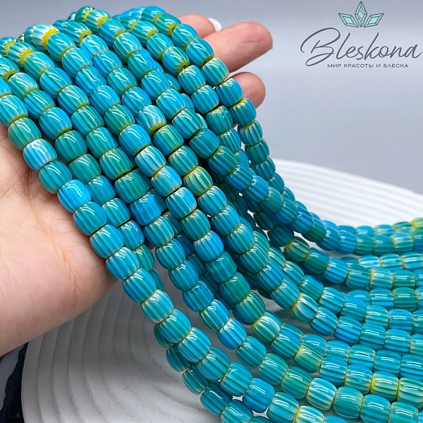 Муранское стекло бочата желто- голубые, полосы 7*8 мм