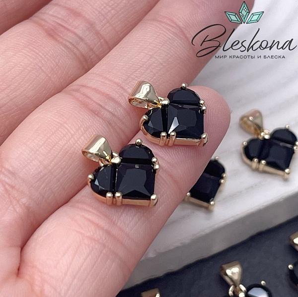 12,7*11,8 мм Цвет золото, Подвеска Сердце черные цирконы