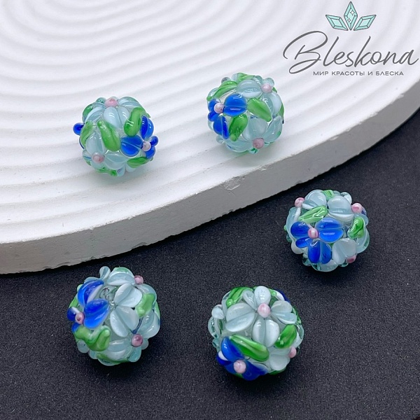 16 мм  Бусина шар цветок голубой