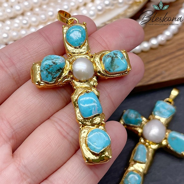 38*65 мм Цвет золото, Подвеска крест Жемчуг, Магнезит в обрамлении