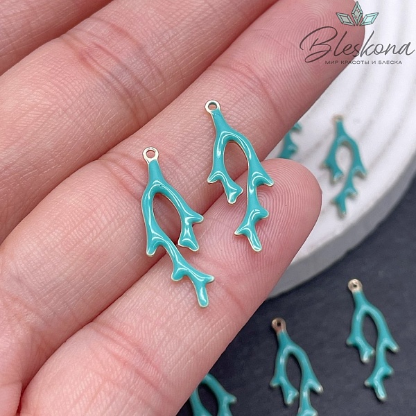 Подвеска ветки коралла голубая эмаль ,цвет золото 8,5*24мм