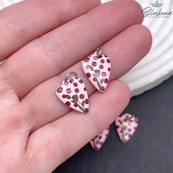 15,5*10 мм, Цвет серебро, Подвеска сердце розовая эмаль точки