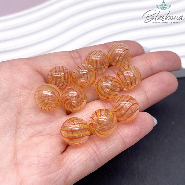 13 мм Бусина шар стекло прозрачное желто-оранжевые полосы