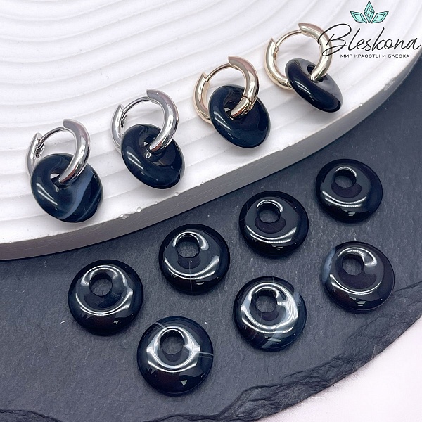 Бублик смещенный центр Агат черный с прожилками 14 мм