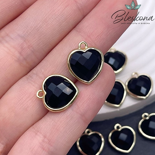 13*15мм,Цвет золото ,Подвеска Сердце агат черный огранка