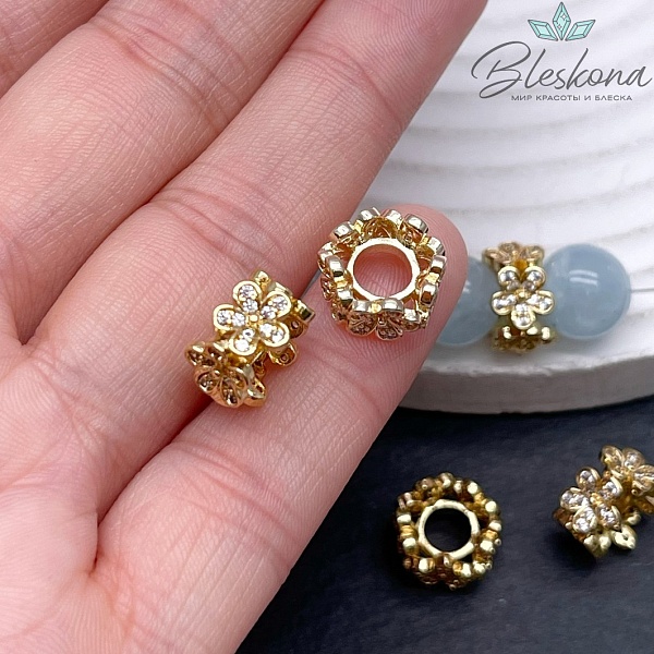 11,5*7 мм Цвет золото, Бусина разделитель цветы с цирконами 