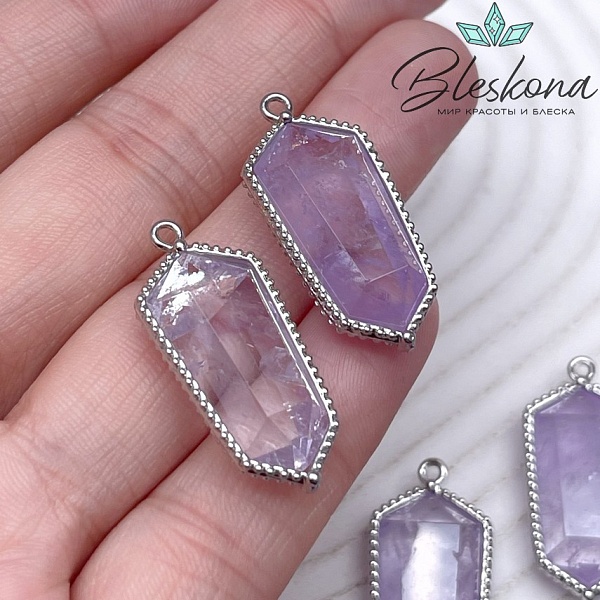 13,5*30мм, цвет серебро ,Подвеска Шестиугольник Лавандовый Аметист в обрамлении цирконы