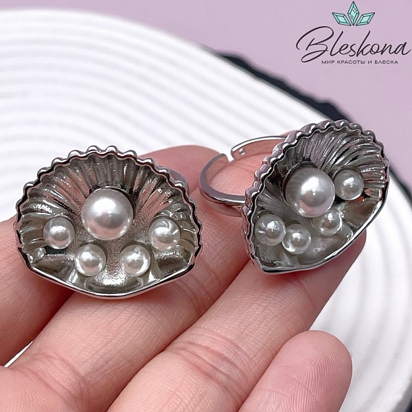 27 мм Цвет серебро, Кольцо безразмерное Ракушка с жемчугом Майорка