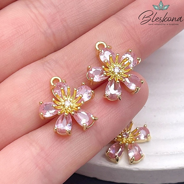 14мм, Цвет золото, Подвеска цветок  розовый циркон
