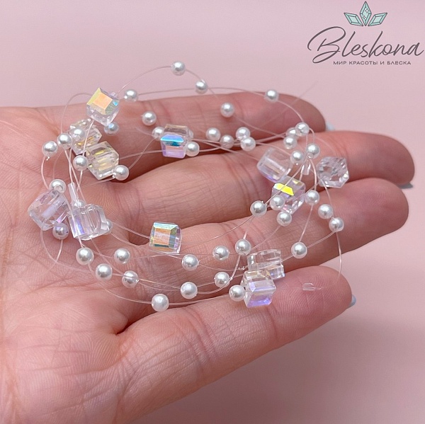 Основа для колье 1 м на леске чешское стекло куб и имитация жемчуга