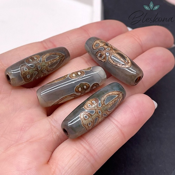 Бусина Дзи Кинжал Пурба (Пхурба) зелено-коричневый  бочонок 30*11 мм