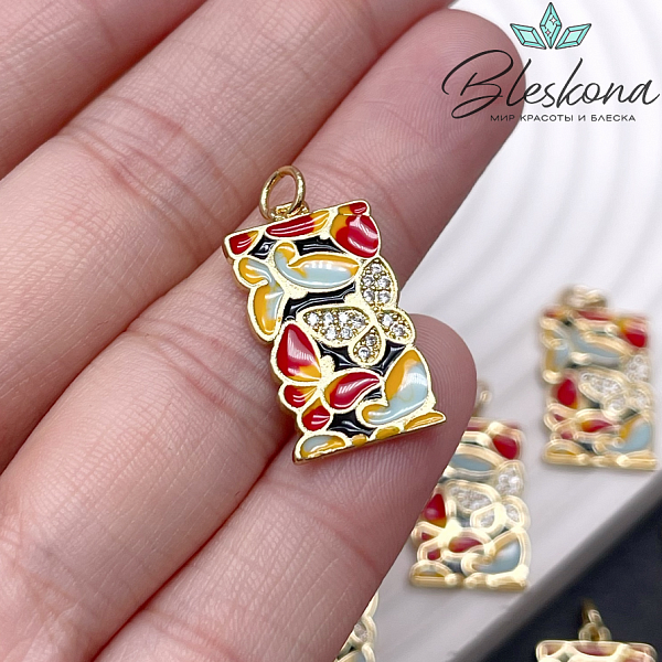 22,5*13 мм Цвет золото, Подвеска прямоугольник бабочки цветная эмаль с цирконами