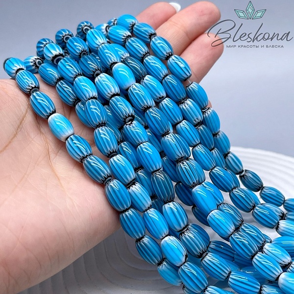 Муранское стекло бочата черно- голубые, полосы 12*8 мм