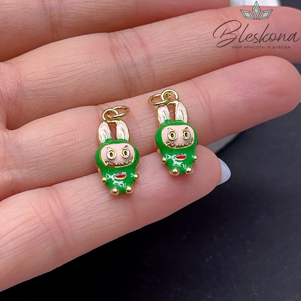20*9 мм Цвет золото, Подвеска игрушка-монстрик Лабубу зеленая эмаль