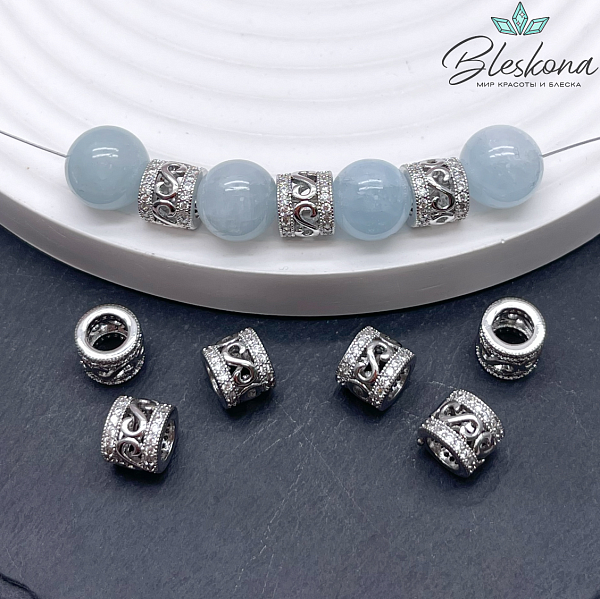 12*13 мм Цвет серебро, Бусина цилиндр узоры цирконы