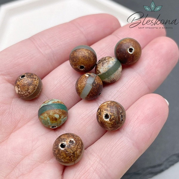 Бусина Дзи Медицина зелено-коричневый матовый шар уп.10 шт.