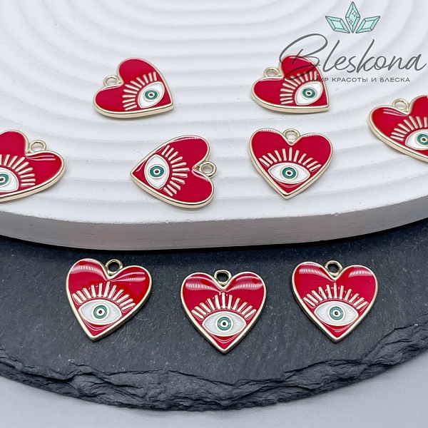 17мм Цвет золото, Подвеска сердце глаз красная эмаль 