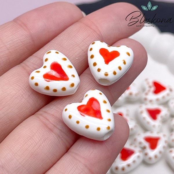14,5 мм Бусина сердце, керамика цвет белый красный рисунок (штучно) №1