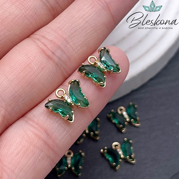 9,5*11 мм, Цвет золото, Подвеска бабочка стекло зеленое 