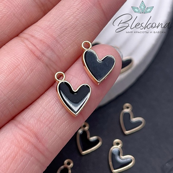 10*12,5мм, цвет золото,Подвеска Сердце черная эмаль 