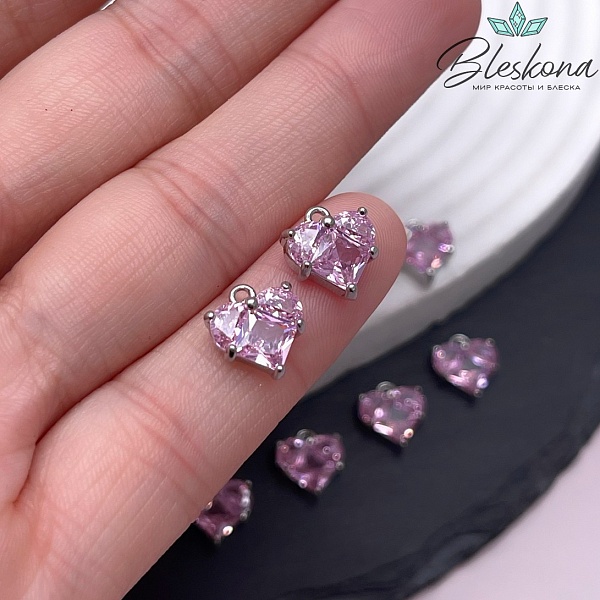 10*9,5 мм Цвет серебро, Подвеска Сердце розовые цирконы