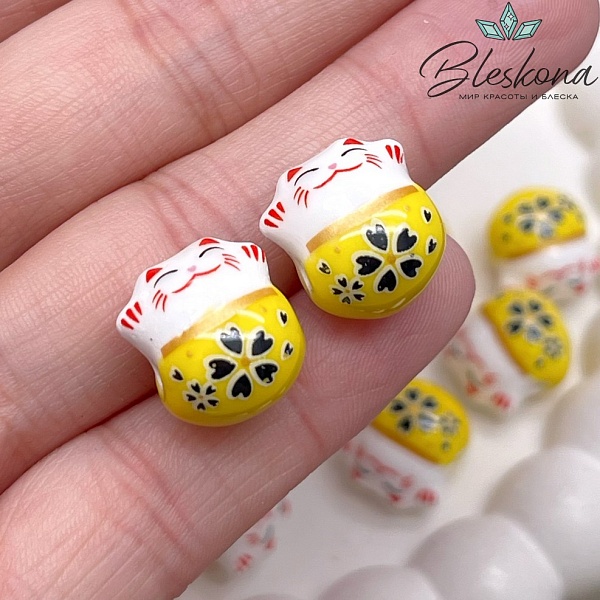 13,5*13 мм Керамика бусина Котик желтый, отверстие поперек