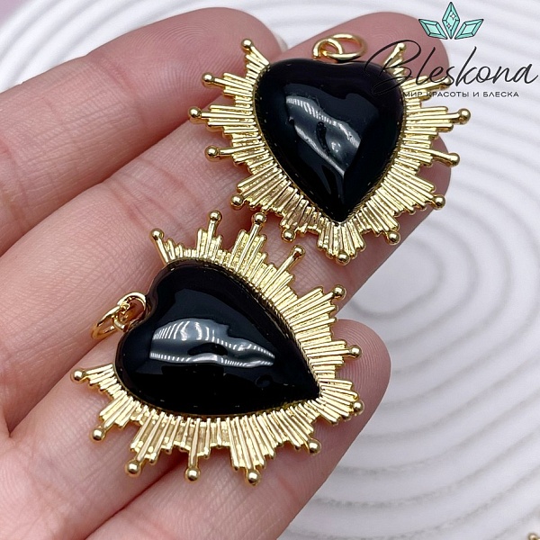 30*34 мм Цвет золото, Подвеска сердце лучи черная эмаль