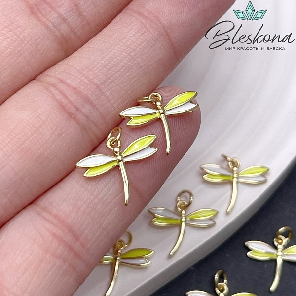 17*19 мм Цвет золото, Подвеска Стрекоза бело- желтая эмаль